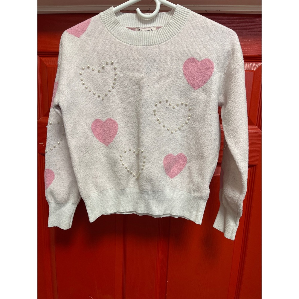 Nanette Lepore White Pink Heart Pearl Embellished Crewneck Sweater Small